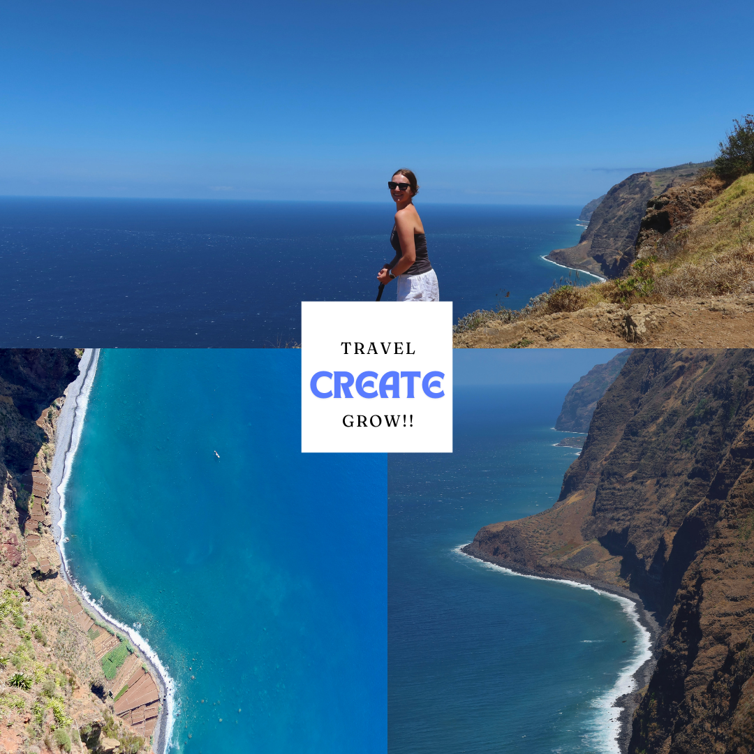 A content creator standing on a coastline with blue water and blue skies, grow your company.