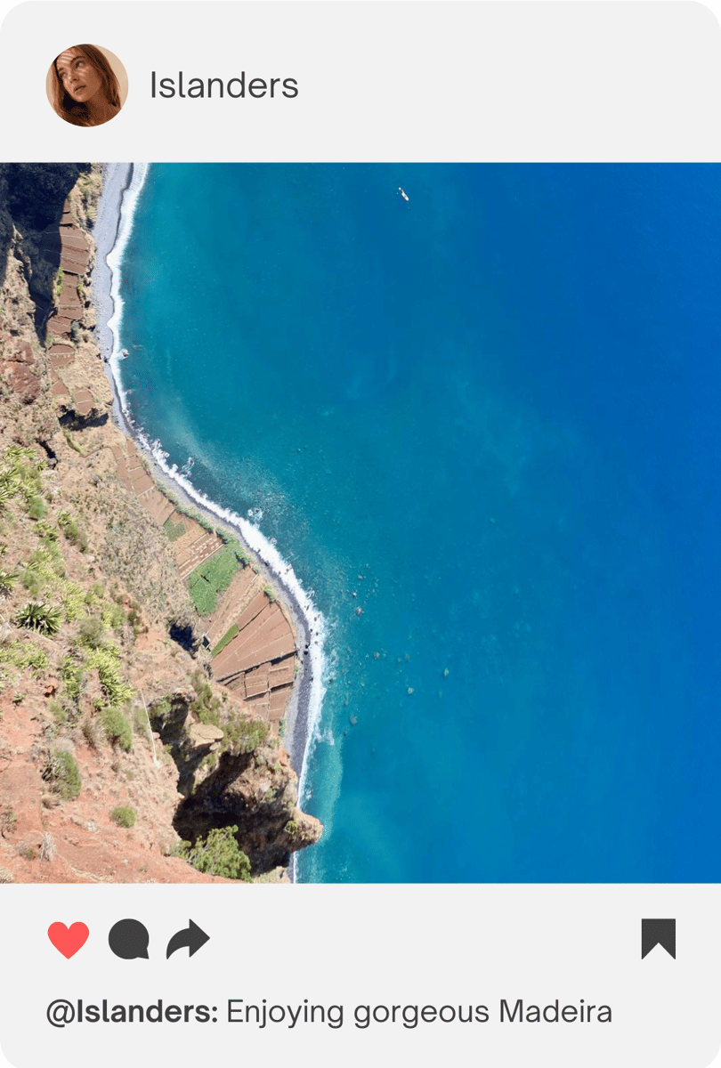 Islanders post of coastline and blue water in Madeira.