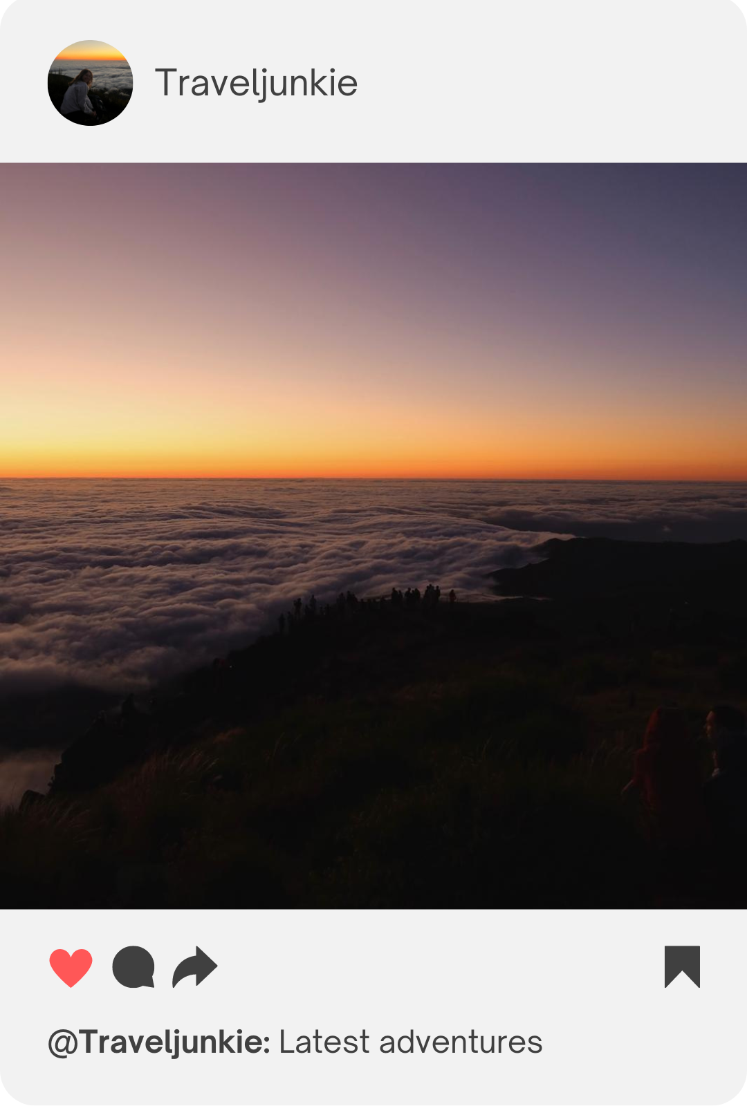 Traveljunkie instagram post about a beautiful sunrise and their latest adventures.